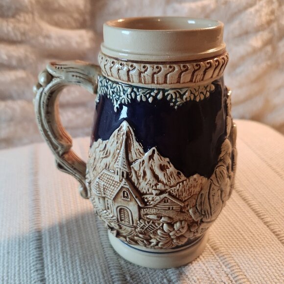 Vintage German Beer Stein with Alpine Lodge Relief – Ornate Handle & Swirl Rim - Picture 3 of 8